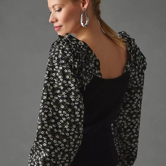 NWT Anthropologie Woven Ruffle Sleeve Sweater - Black Floral - Small - Picture 4 of 11